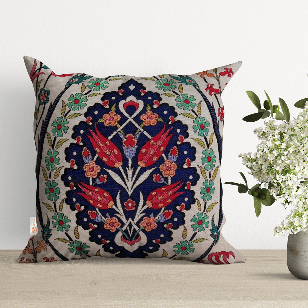 Turkish Tulip Tile Pattern Pillow Cover|Gobelin Tapestry Pillowcase|Woven Ethnic Throw Pillow Top|Handmade Rug Design Outdoor Cushion Case