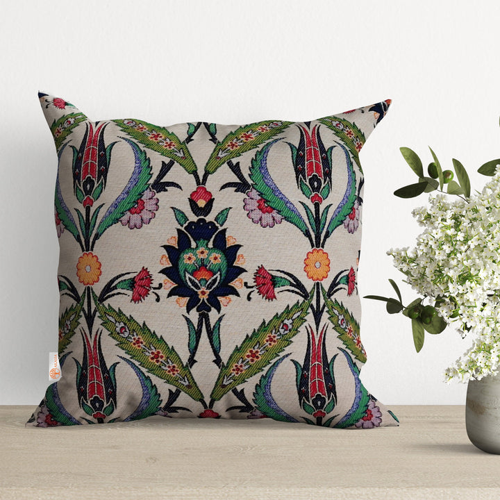 Turkish Tulip Tile Pattern Pillow Cover|Gobelin Tapestry Pillowcase|Woven Ethnic Throw Pillow Top|Handmade Rug Design Outdoor Cushion Case