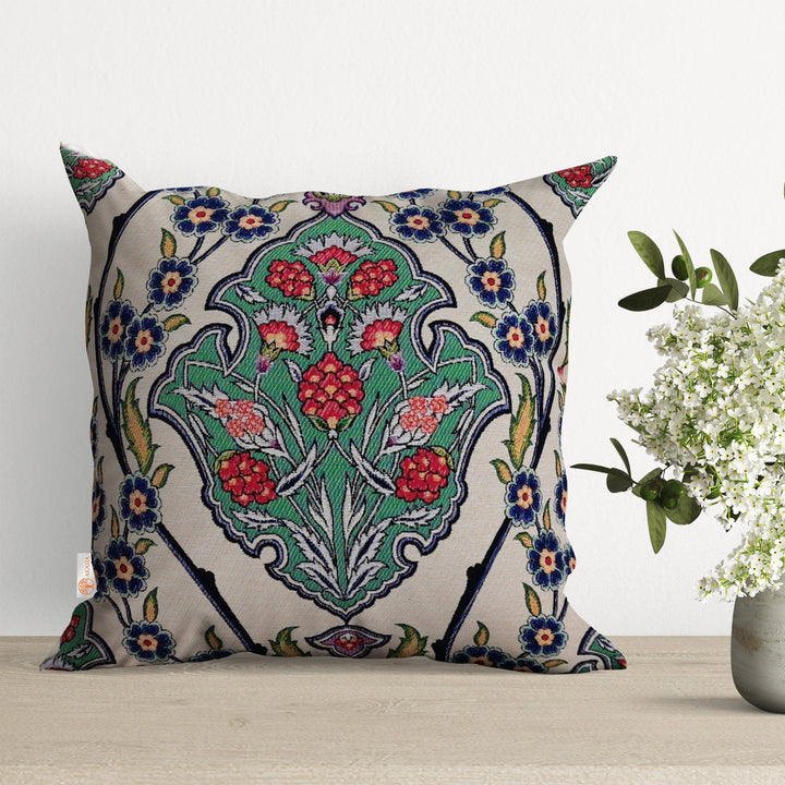 Turkish Tulip Tile Pattern Pillow Cover|Gobelin Tapestry Pillowcase|Woven Ethnic Throw Pillow Top|Handmade Rug Design Outdoor Cushion Case