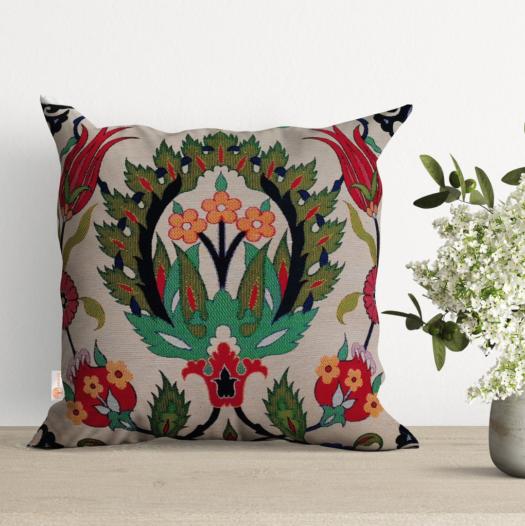 Turkish Tulip Tile Pattern Pillow Cover|Gobelin Tapestry Pillowcase|Woven Ethnic Throw Pillow Top|Handmade Rug Design Porch Cushion Case