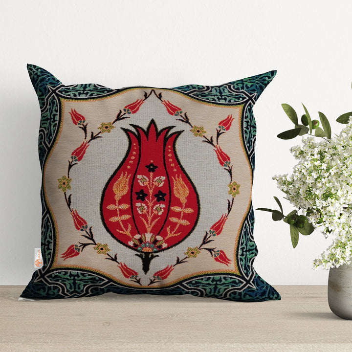 Turkish Tulip Tile Pattern Pillow Cover|Gobelin Tapestry Pillowcase|Woven Ethnic Throw Pillow Top|Handmade Rug Design Porch Cushion Case