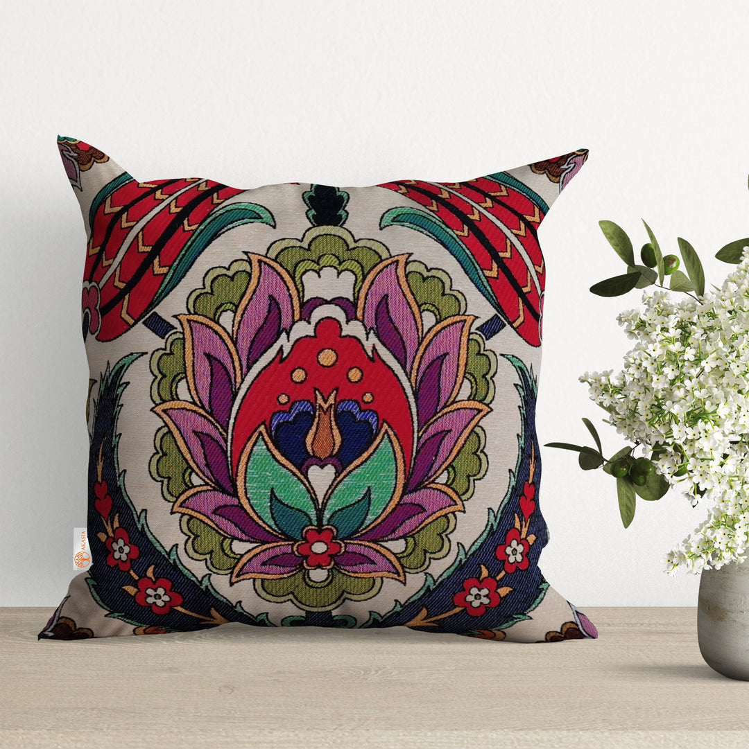 Turkish Tulip Tile Pattern Pillow Cover|Gobelin Tapestry Pillowcase|Woven Ethnic Throw Pillow Top|Handmade Rug Design Porch Cushion Case