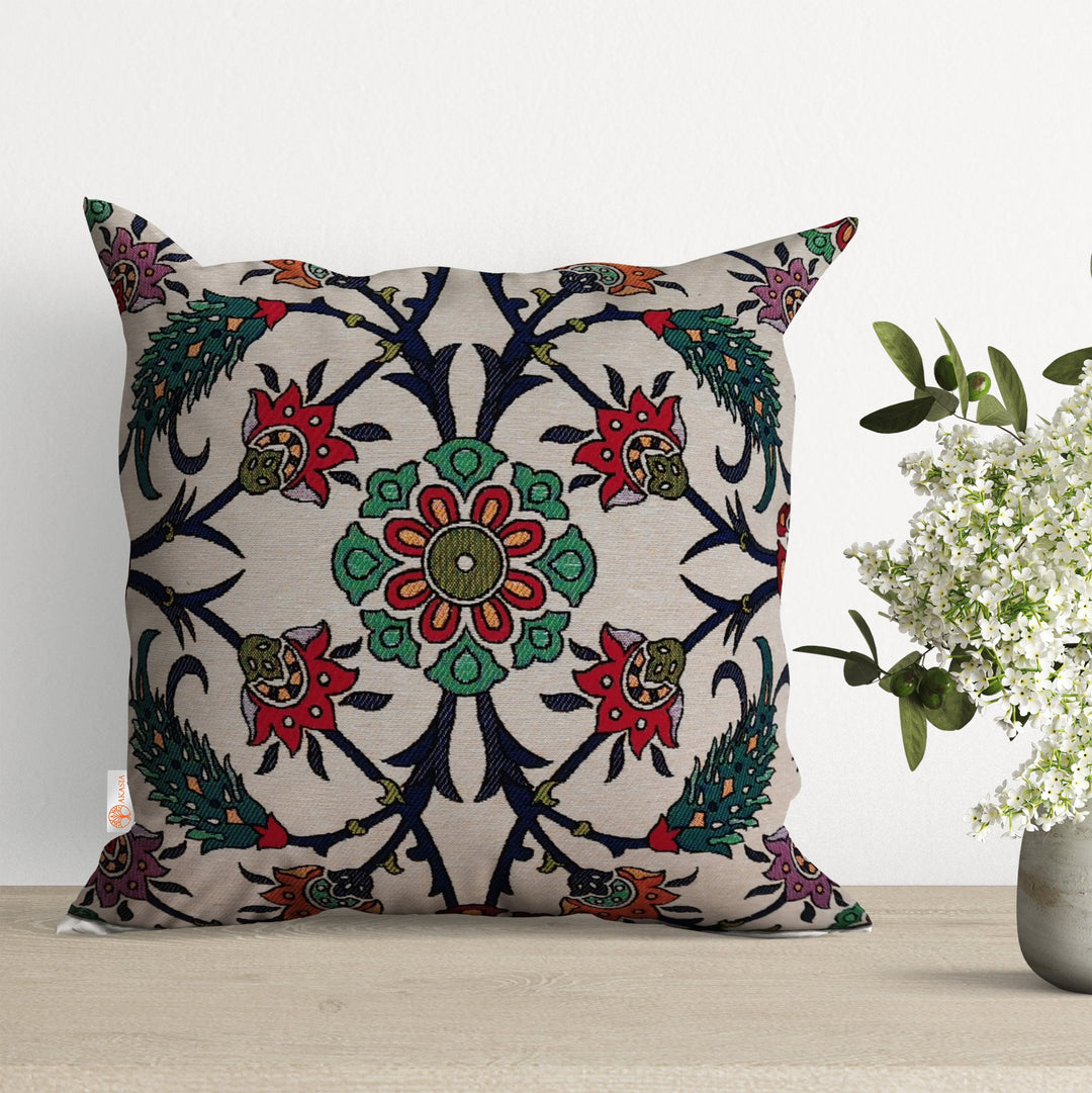 Turkish Tulip Tile Pattern Cushion Cover|Gobelin Tapestry Pillowcase|Woven Ethnic Throw Pillow Top|Rug Design Authentic Outdoor Cushion Case