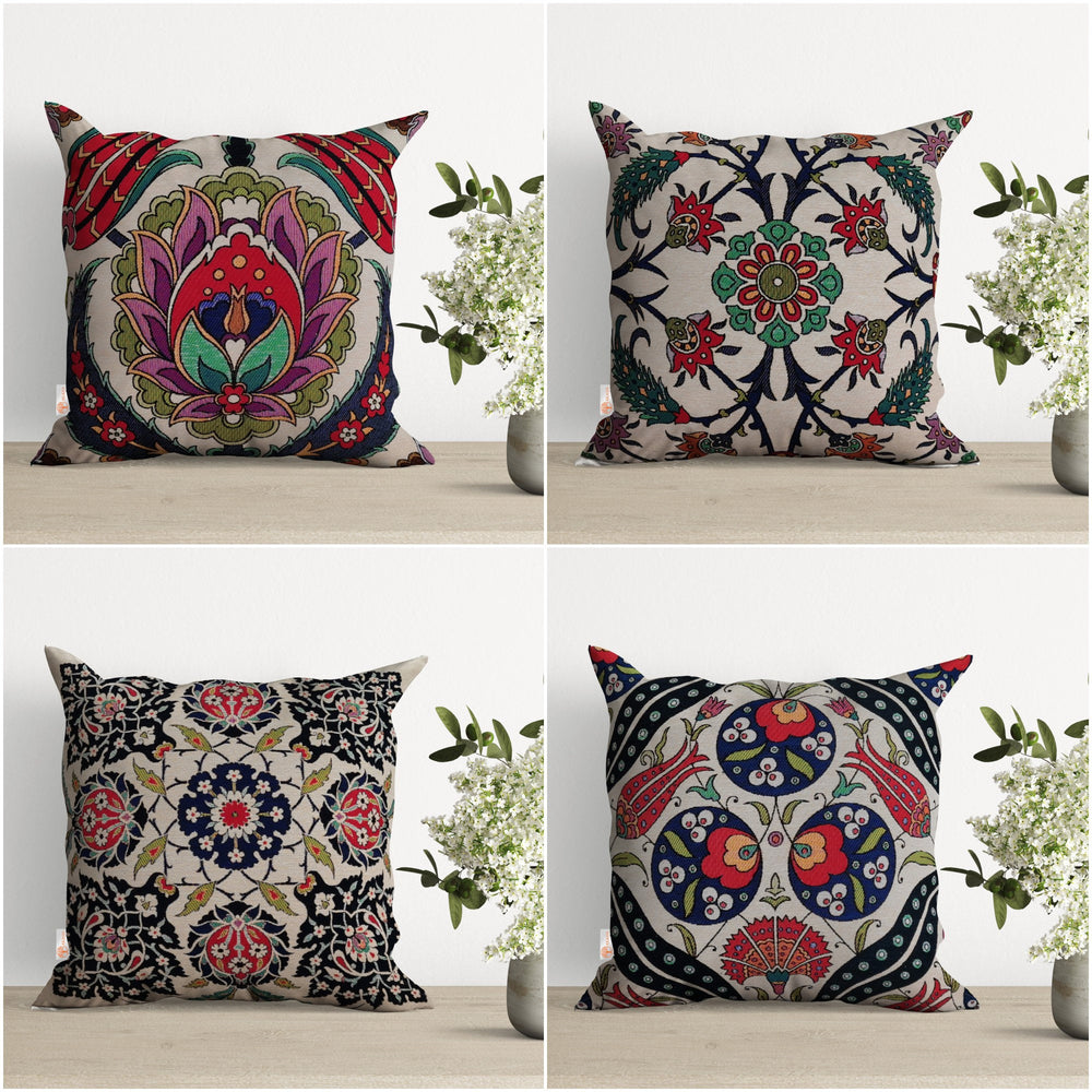 Turkish Tulip Tile Pattern Cushion Cover|Gobelin Tapestry Pillowcase|Woven Ethnic Throw Pillow Top|Rug Design Authentic Outdoor Cushion Case