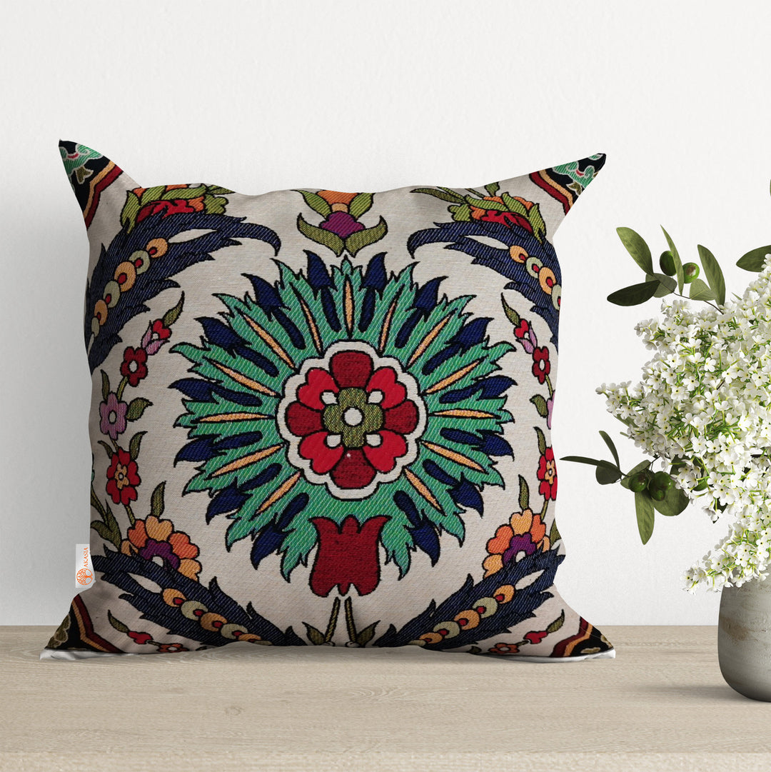 Tulip Tile Pattern Pillow Cover|Gobelin Tapestry Decorative Pillowcase|Authentic Throw Pillow Top|Woven Outdoor Turkish Kilim Cushion Case