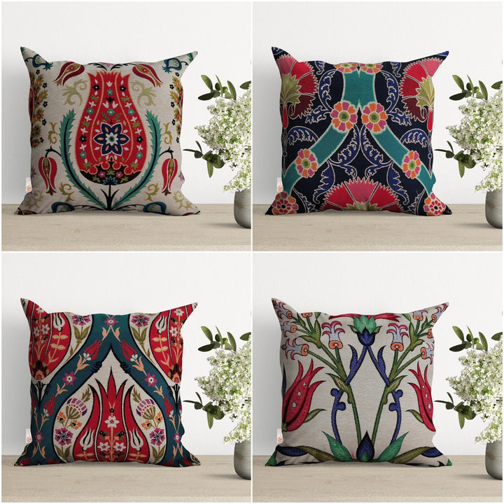 Tulip Tile Pattern Pillow Cover|Rug Tapestry Decorative Pillowcase|Housewarming Rug Throw Pillow Top|Authentic Turkish Kilim Pillow Top