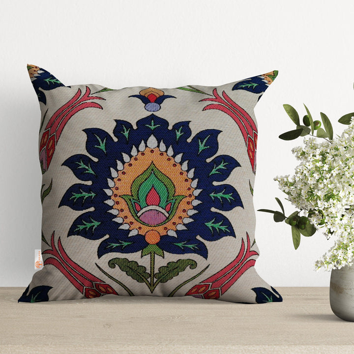 Turkish Tulip Tile Pattern Pillow Cover|Gobelin Tapestry Pillowcase|Woven Ethnic Porch Pillow Top|Handmade Authentic Outdoor Cushion Cover