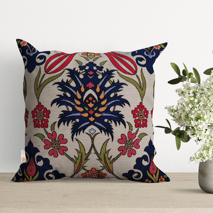 Turkish Tulip Tile Pattern Pillow Cover|Gobelin Tapestry Pillowcase|Woven Ethnic Porch Pillow Top|Handmade Authentic Outdoor Cushion Cover