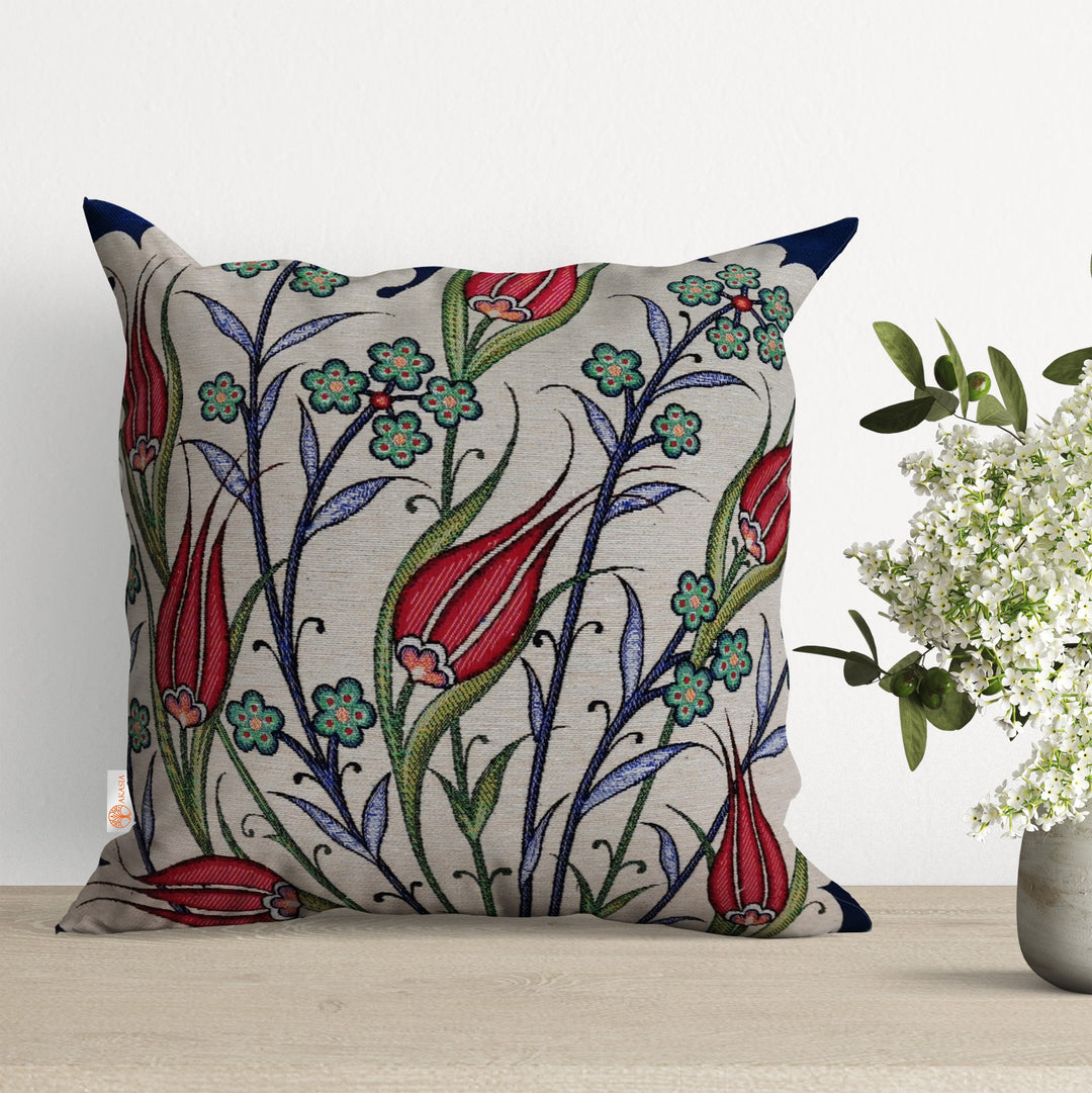 Turkish Tulip Tile Pattern Pillow Covers|Decorative Tapestry Pillowcases|Housewarming Floral Gobelin Throw Pillows|Woven Kilim Cushion Case