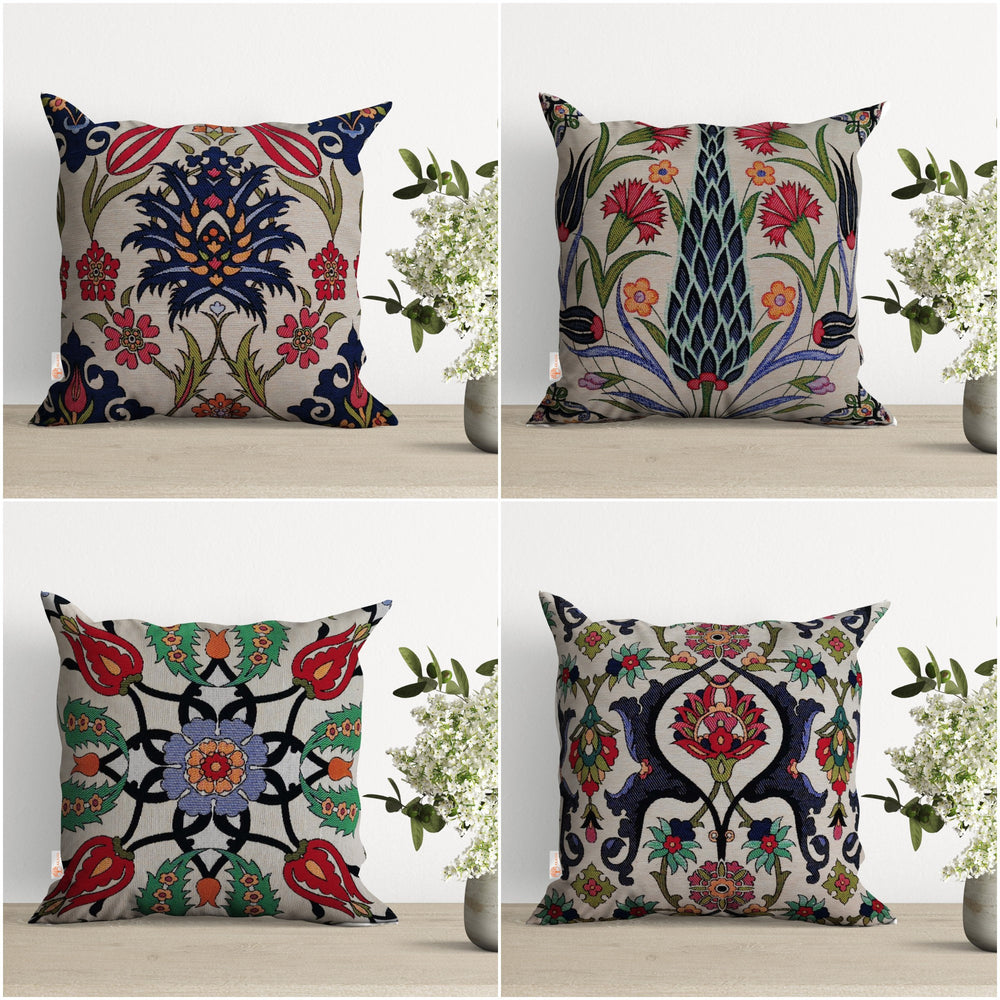 Turkish Tulip Tile Pattern Pillow Cover|Tapestry Pillowcase|Housewarming Gobelin Throw Pillow|Decorative Handmade Woven Outdoor Cushion Case