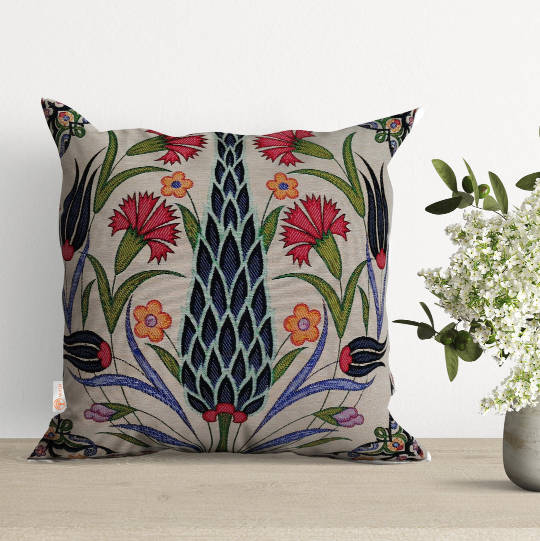 Turkish Tulip Tile Pattern Pillow Cover|Tapestry Pillowcase|Housewarming Gobelin Throw Pillow|Decorative Handmade Woven Outdoor Cushion Case