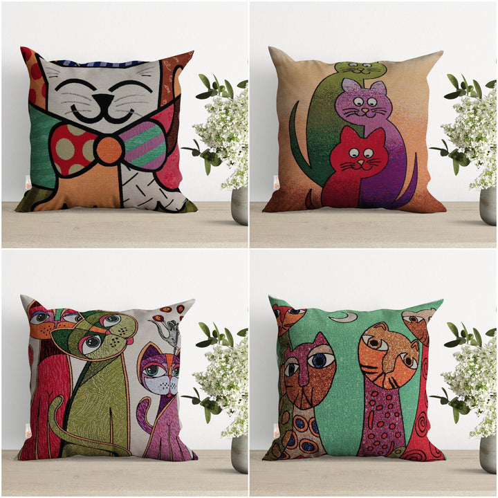 Cute Cats Pillow Cover|Decorative Gobelin Tapestry Pillowcase|Authentic Woven Throw Pillow Top|Outdoor Cushion Case|Colorful Cat Home Decor