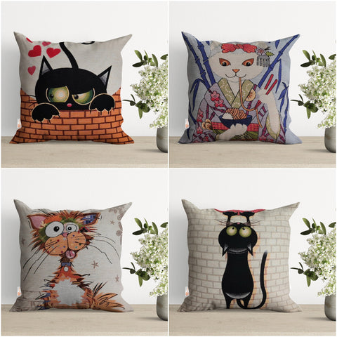 Cute Cats Pillow Cover|Decorative Gobelin Tapestry Pillowcase|Authentic Woven Throw Pillow Top|Outdoor Cushion Case|Black Cat Home Decor