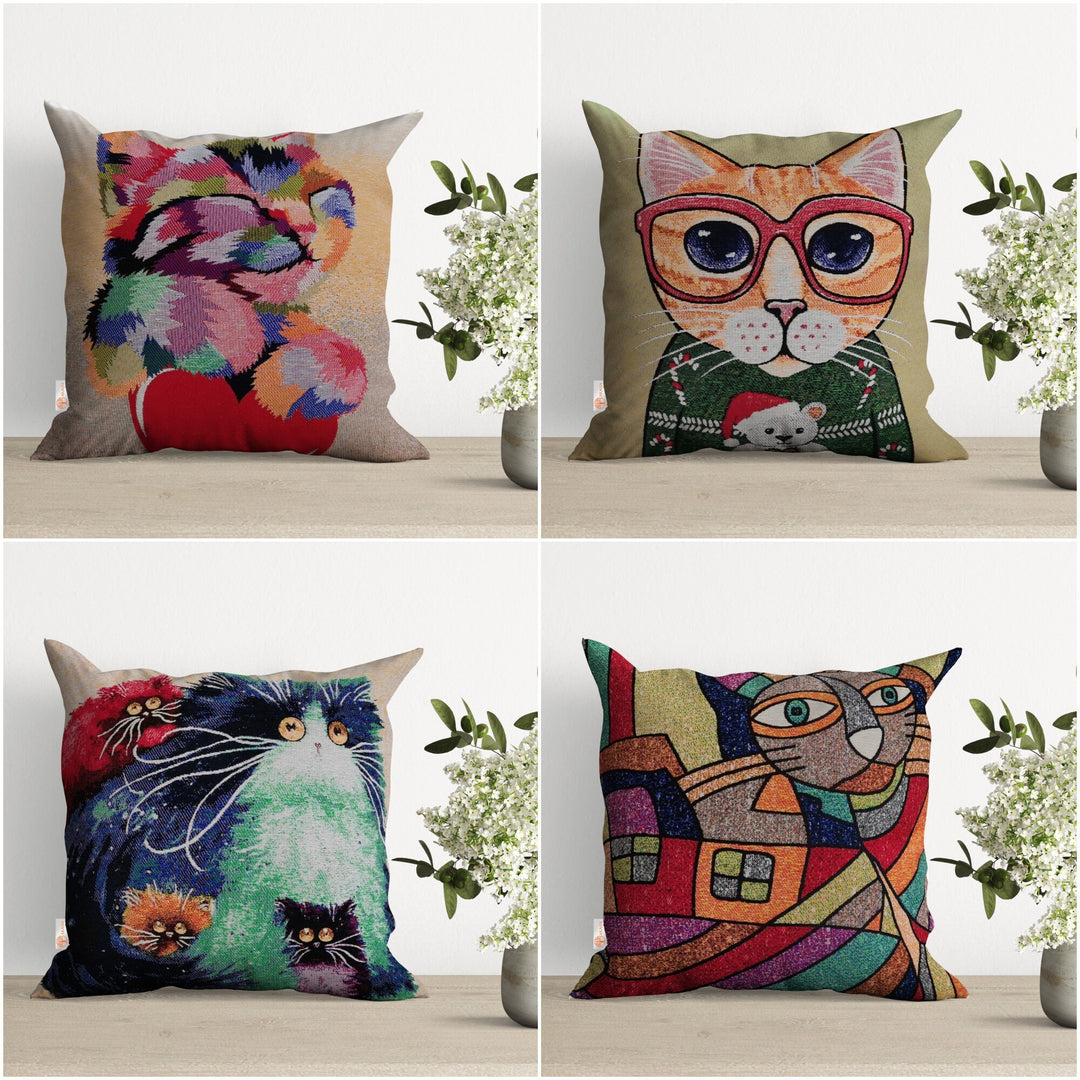 Cute Cats Pillow Cover|Belgian Gobelin Tapestry Pillowcase|Authentic Throw Pillow Top|Woven Ethnic Sofa Cushion|Colorful Cat Couch Pillowtop