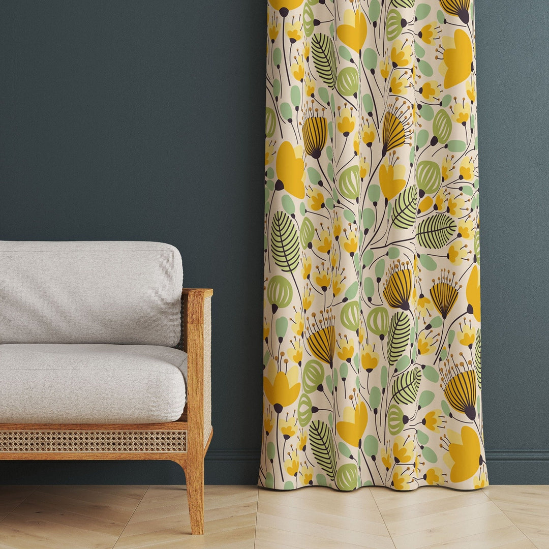 Yellow Floral Curtain|Decorative Thermal Insulated Floral Window Treatment|Flower Painting Home Decor|Leaf Decor|Rustic Living Room Curtain