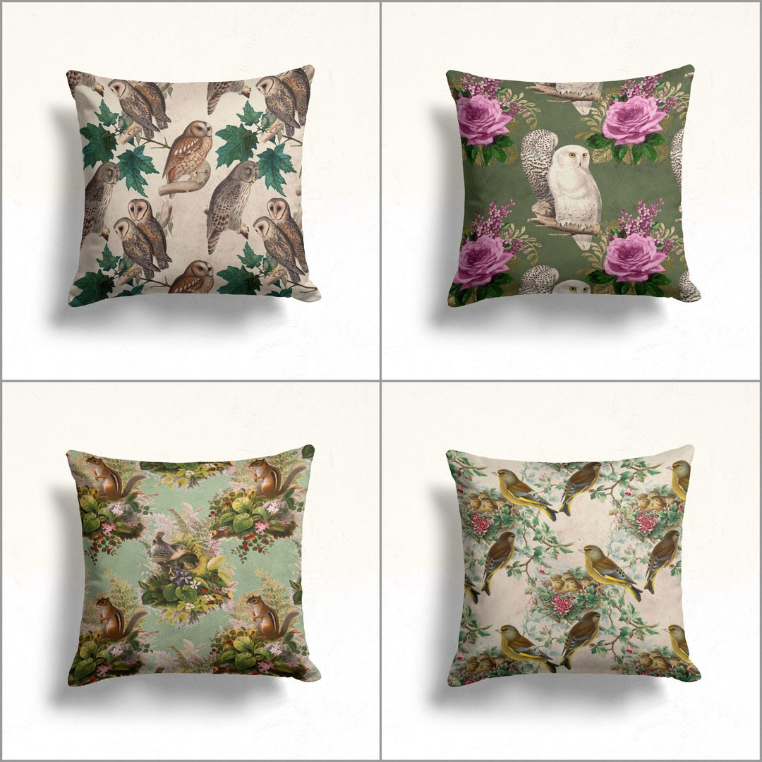 Floral Bird Throw Pillow Case|Owl Cushion Cover|Decorative Cushion Case|Housewarming Decor|Farmhouse Outdoor Pillow Cover|Sofa Cushion Case