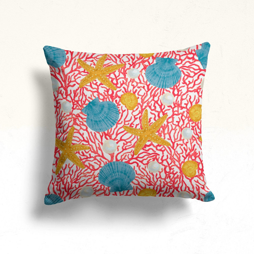 Nautical Throw Pillow Case|Coral Print Beach House Cushion|Seahorse Pillowcase|Starfish Pillowtop|Seashell Cushion|Coastal Cozy Pillow Cover