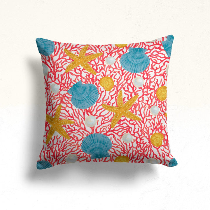 Nautical Throw Pillow Case|Coral Print Beach House Cushion|Seahorse Pillowcase|Starfish Pillowtop|Seashell Cushion|Coastal Cozy Pillow Cover