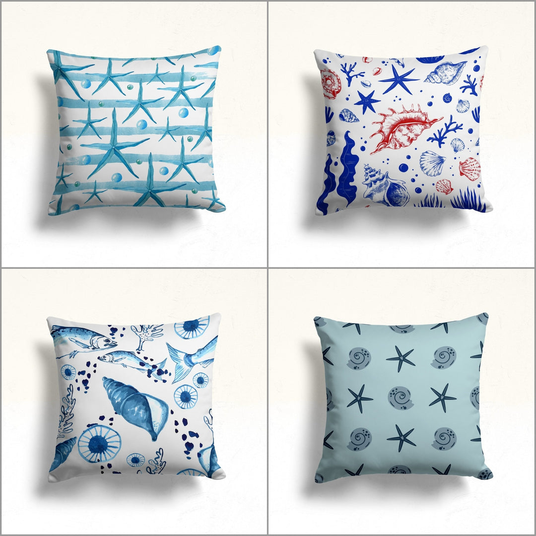 Nautical Throw Pillow Case|Starfish Print Beach House Cushion|Seashell Pillowcase|Fish Pillowtop|Summer Cushion|Coastal Cozy Pillow Cover