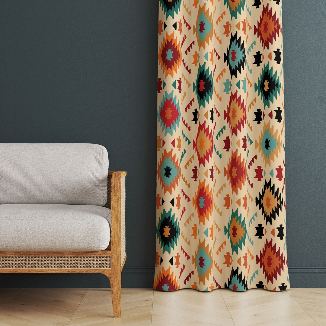 Southwestern Curtain|Ethnic Aztec Living Room Curtain|Terracotta Authentic Window Decor|Thermal Insulated Rug Design Panel Window Curtain