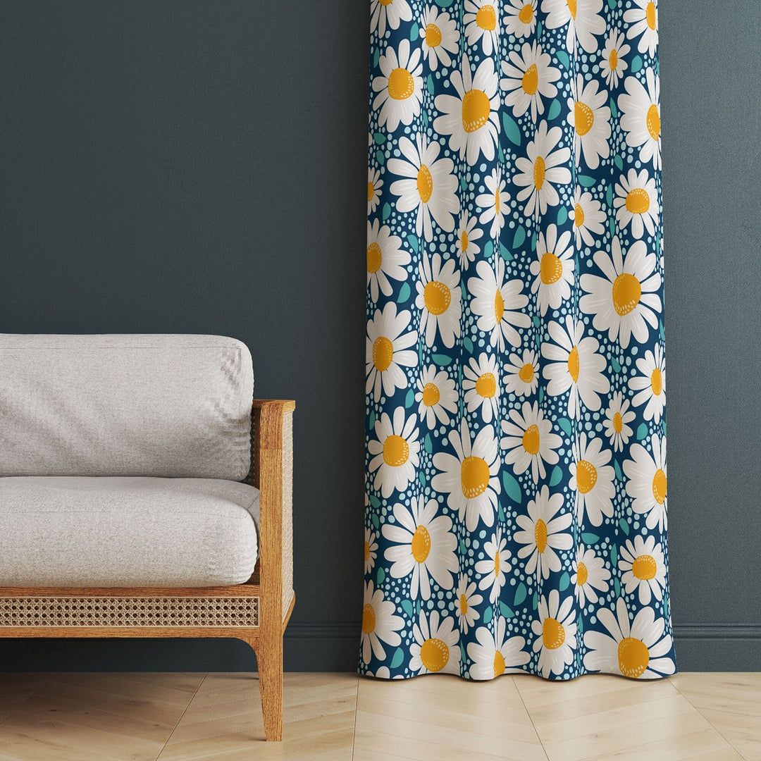 Daisy Print Curtain|Thermal Insulated Floral Window Treatment|Flower Painting Home Decor|Daisy Window Decor|Decorative Living Room Curtain