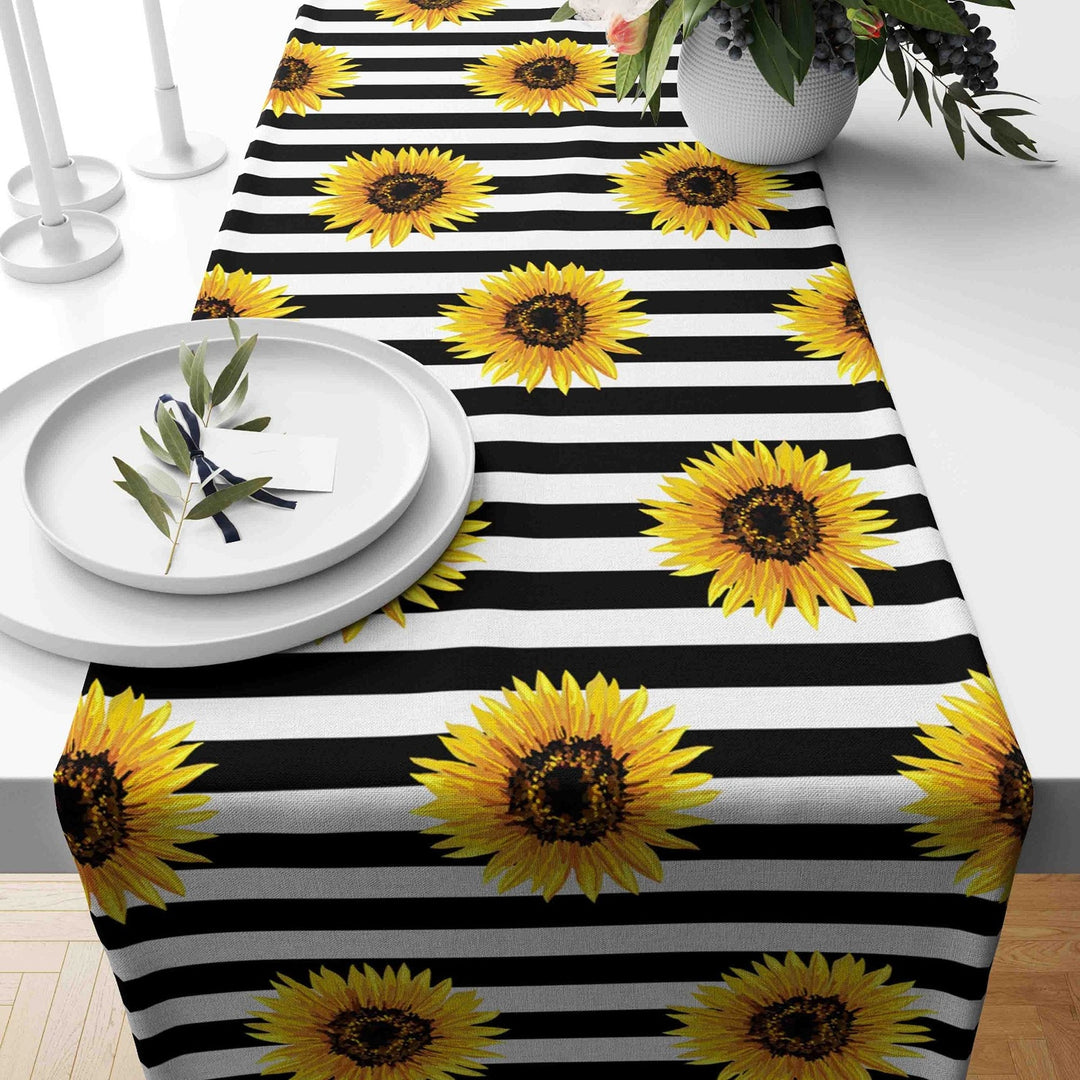 Sunflower Table Runner|Summer Tablecloth|Striped Sunflower Decor|Housewarming Runner|Farmhouse Floral Print Tabletop|Sunflower Tablecloth