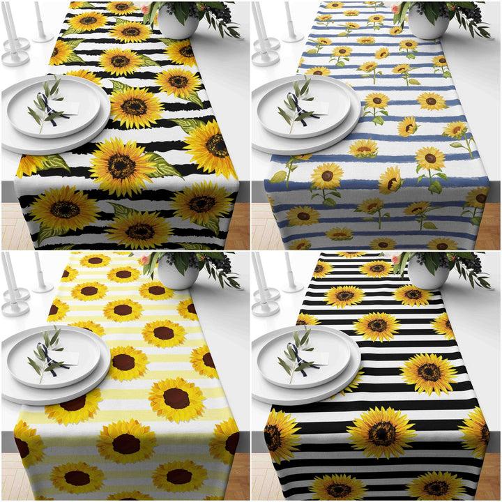 Sunflower Table Runner|Summer Tablecloth|Striped Sunflower Decor|Housewarming Runner|Farmhouse Floral Print Tabletop|Sunflower Tablecloth