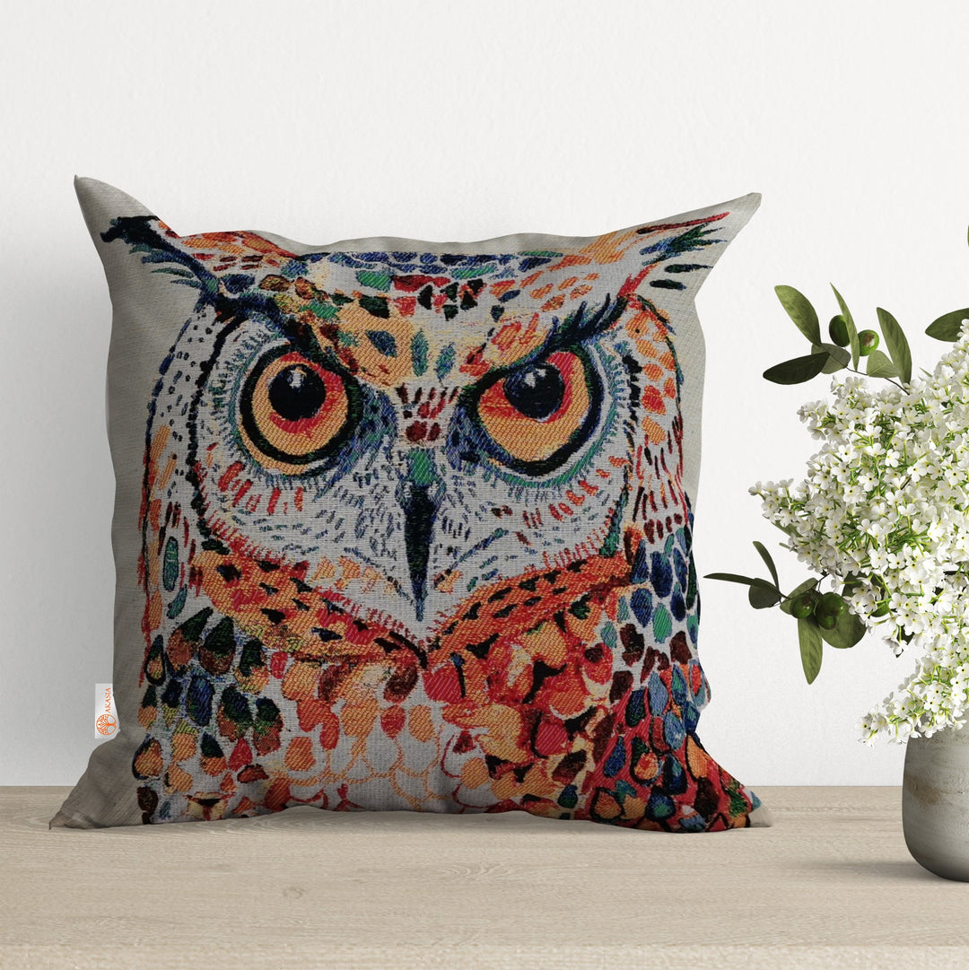 Belgian Tapestry Pillow Cover|Decorative Cushion Case|Housewarming Throw Pillow Top|Handmade Outdoor Pillowcase|Owl and Pigeon Pillow Case