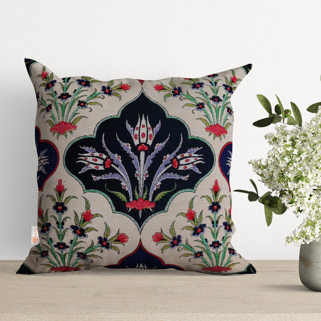 Turkish Tulip Tile Pattern Cushion Case|Gobelin Tapestry Pillowcase|Woven Ethnic Throw Pillow Top|Rug Design Authentic Outdoor Cushion Cover