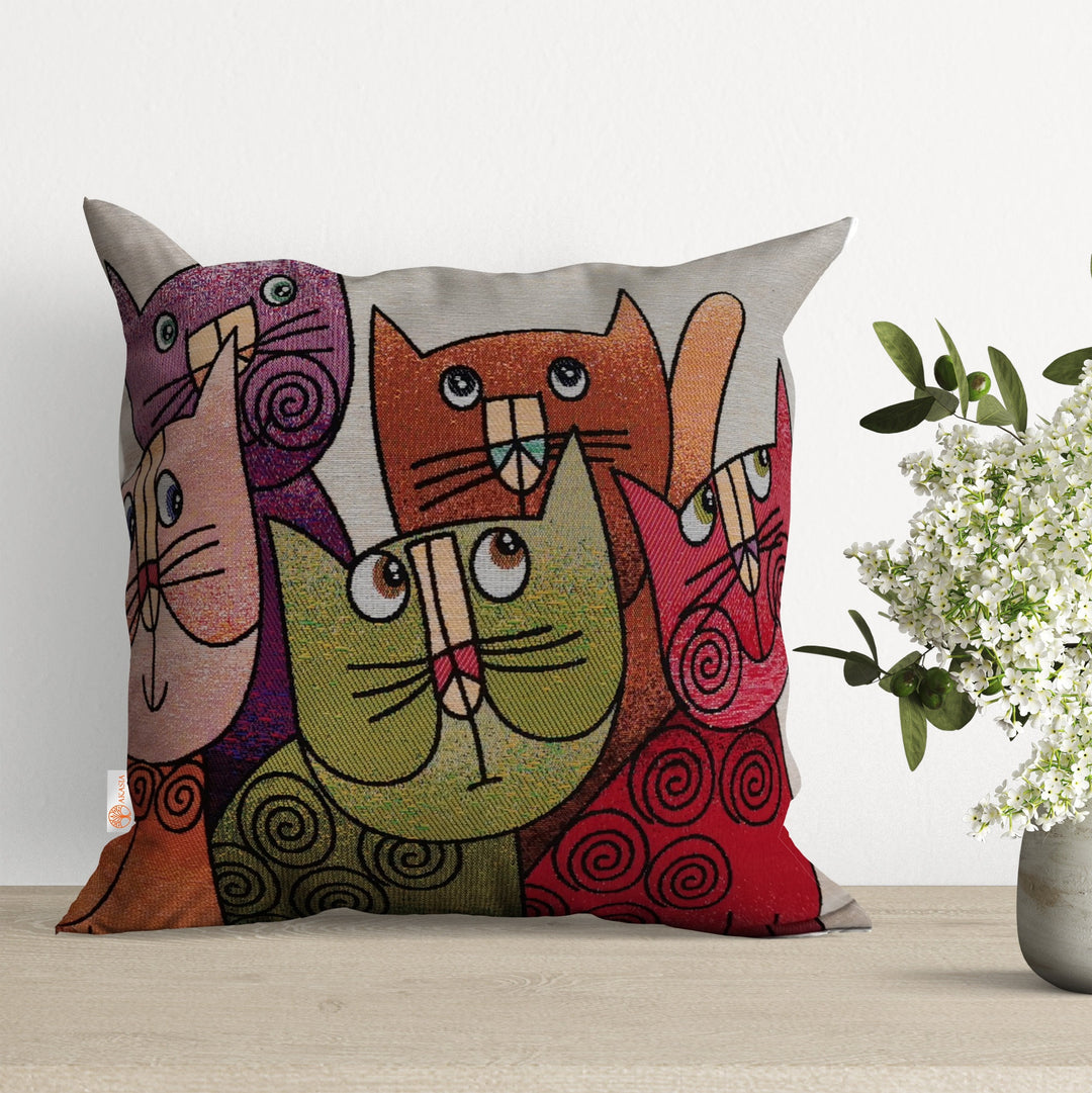 Cute Cats Tapestry Pillow Covers|Decorative Cats Pillowcase|Handmade Throw Pillow Case|Outdoor Cushion Cover|Cat Family Print Cushion Case