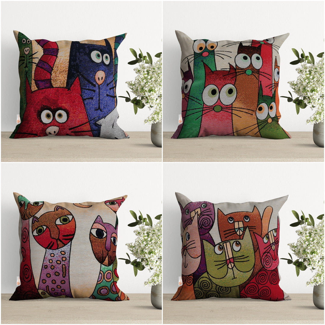 Cute Cats Tapestry Pillow Covers|Decorative Cats Pillowcase|Handmade Throw Pillow Case|Outdoor Cushion Cover|Cat Family Print Cushion Case