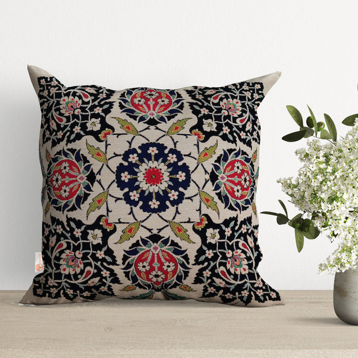 Turkish Tulip Tile Pattern Cushion Cover|Gobelin Tapestry Pillowcase|Woven Ethnic Throw Pillow Top|Rug Design Authentic Outdoor Cushion Case