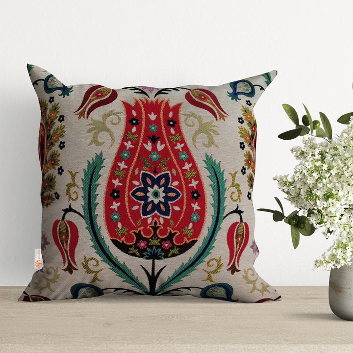 Turkish Tulip Tile Pattern Pillow Cover|Gobelin Tapestry Pillow Top|Woven Ethnic Throw Pillow Case|Handmade Rug Design Kilim Cushion Case