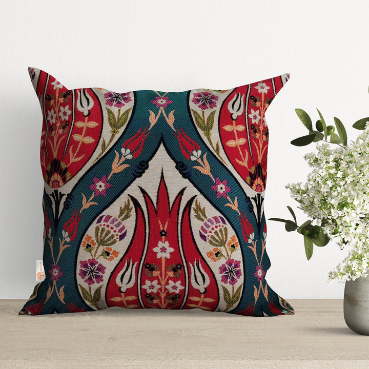 Turkish Tulip Tile Pattern Pillow Cover|Gobelin Tapestry Pillow Top|Woven Ethnic Throw Pillow Case|Handmade Rug Design Kilim Cushion Case