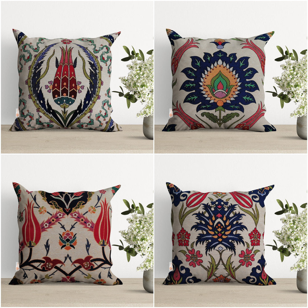 Turkish Tulip Tile Pattern Pillow Cover|Gobelin Tapestry Pillowcase|Woven Ethnic Porch Pillow Top|Handmade Authentic Outdoor Cushion Cover