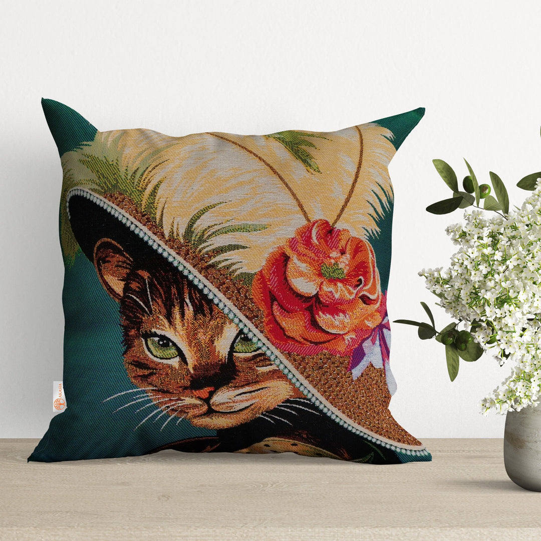 Cute Cats Pillow Covers|Gobelin Tapestry Pillow Case|Handmade Woven Home Decor|Outdoor Cushion Case|Cat with Floral Hat Throw Pillowcase