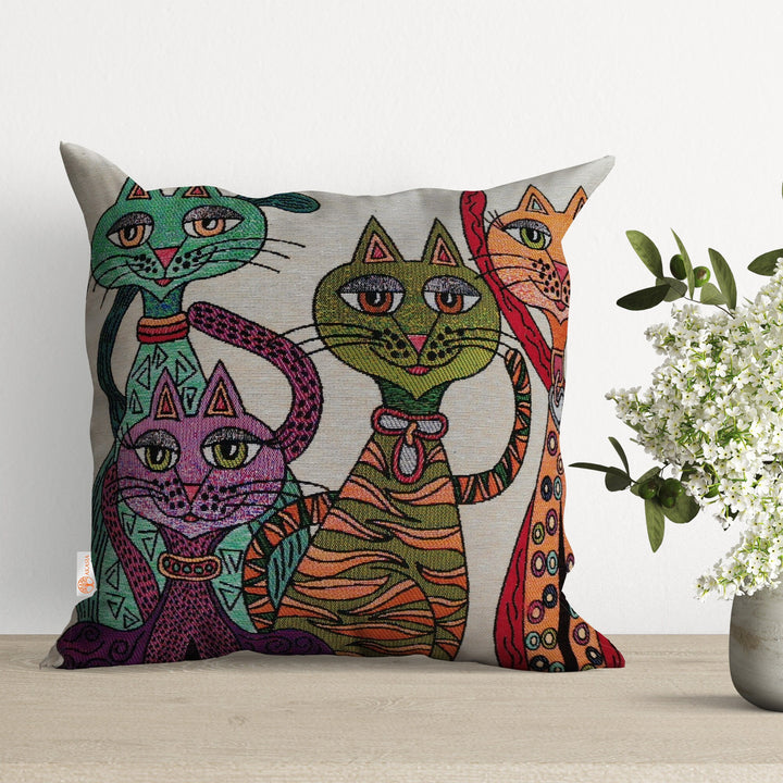 Cute Cats Pillow Covers|Gobelin Tapestry Pillow Case|Handmade Woven Home Decor|Outdoor Cushion Case|Cat with Floral Hat Throw Pillowcase