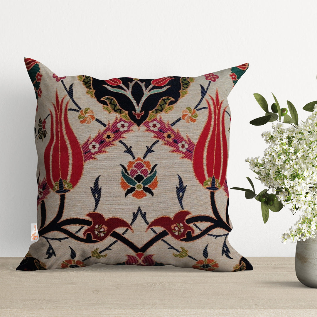 Turkish Tulip Tile Pattern Pillow Covers|Decorative Tapestry Pillowcases|Housewarming Floral Gobelin Throw Pillows|Woven Kilim Cushion Case