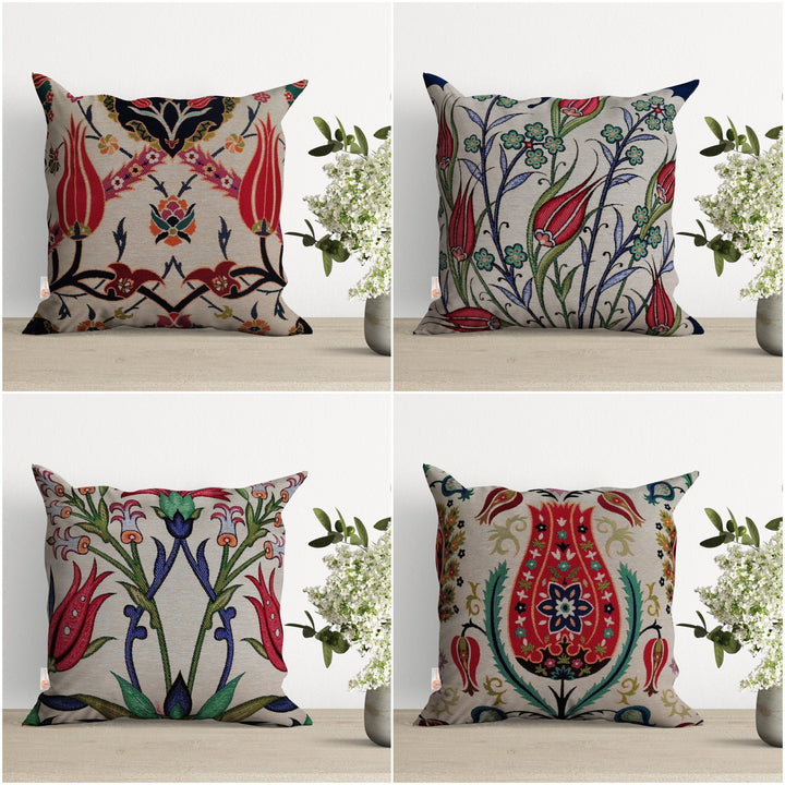 Turkish Tulip Tile Pattern Pillow Covers|Decorative Tapestry Pillowcases|Housewarming Floral Gobelin Throw Pillows|Woven Kilim Cushion Case