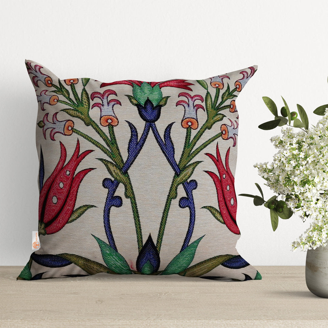 Turkish Tulip Tile Pattern Pillow Covers|Decorative Tapestry Pillowcases|Housewarming Floral Gobelin Throw Pillows|Woven Kilim Cushion Case