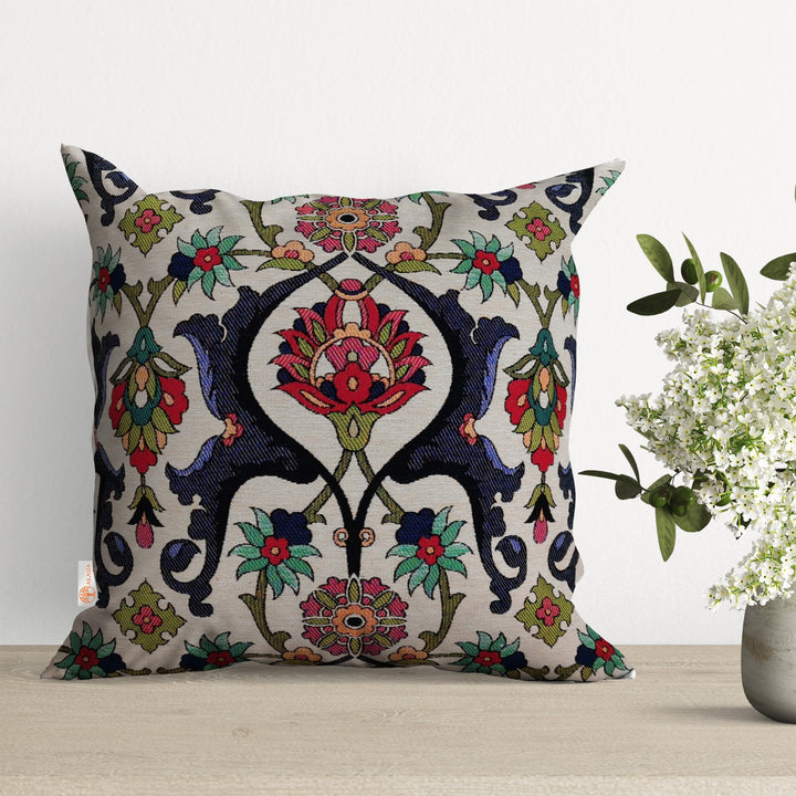 Turkish Tulip Tile Pattern Pillow Cover|Tapestry Pillowcase|Housewarming Gobelin Throw Pillow|Decorative Handmade Woven Outdoor Cushion Case