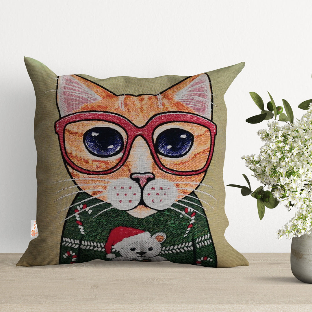 Cute Cats Pillow Cover|Belgian Gobelin Tapestry Pillowcase|Authentic Throw Pillow Top|Woven Ethnic Sofa Cushion|Colorful Cat Couch Pillowtop