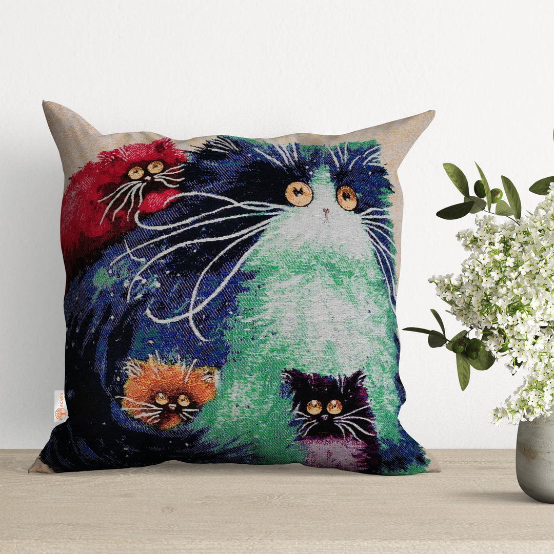 Cute Cats Pillow Cover|Belgian Gobelin Tapestry Pillowcase|Authentic Throw Pillow Top|Woven Ethnic Sofa Cushion|Colorful Cat Couch Pillowtop