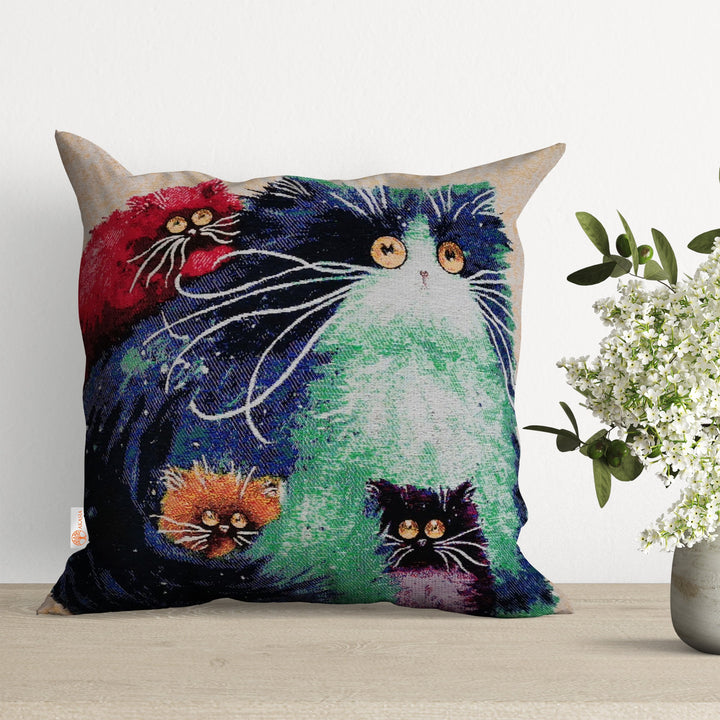 Cute Cats Pillow Cover|Belgian Gobelin Tapestry Pillowcase|Authentic Throw Pillow Top|Woven Ethnic Sofa Cushion|Colorful Cat Couch Pillowtop