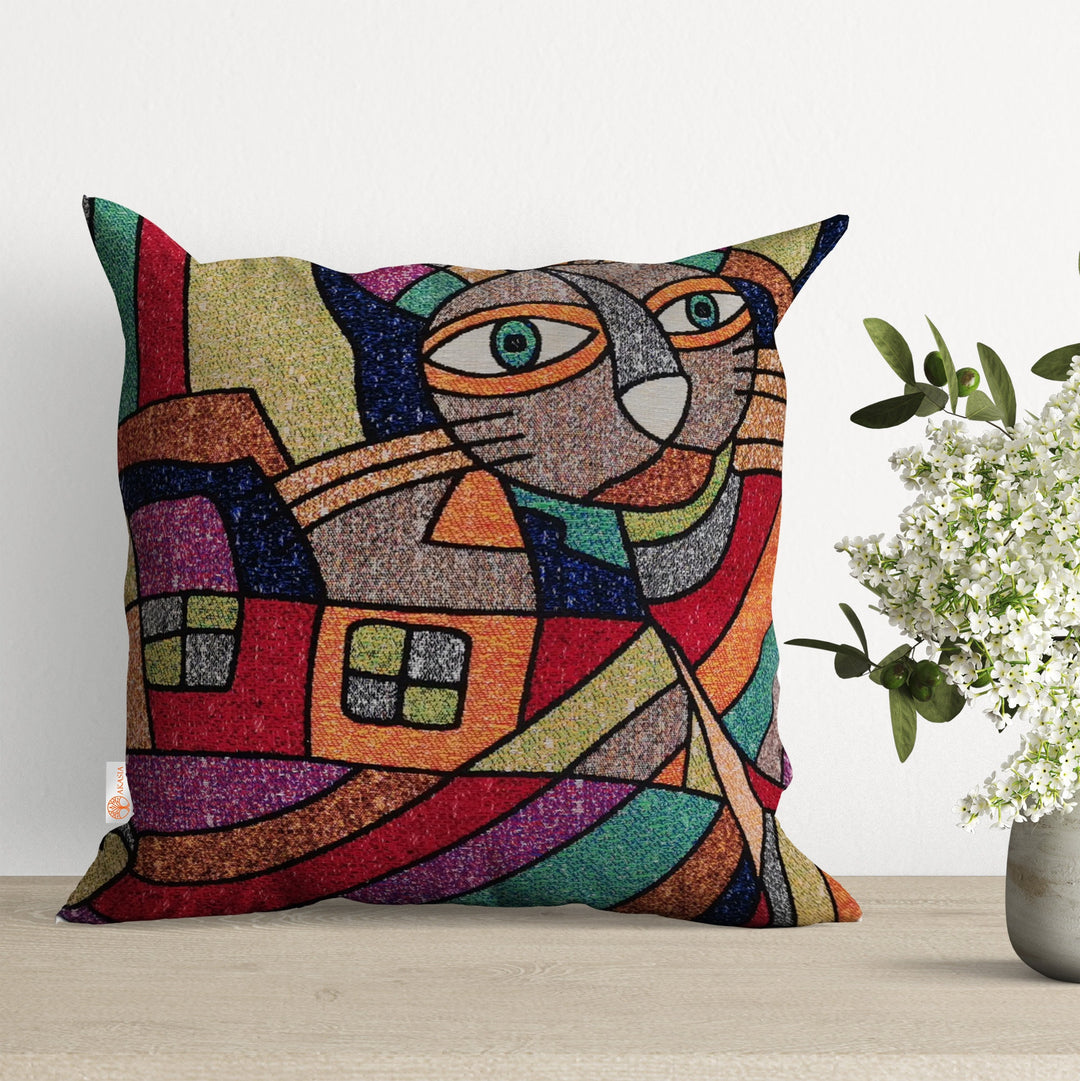 Cute Cats Pillow Cover|Belgian Gobelin Tapestry Pillowcase|Authentic Throw Pillow Top|Woven Ethnic Sofa Cushion|Colorful Cat Couch Pillowtop