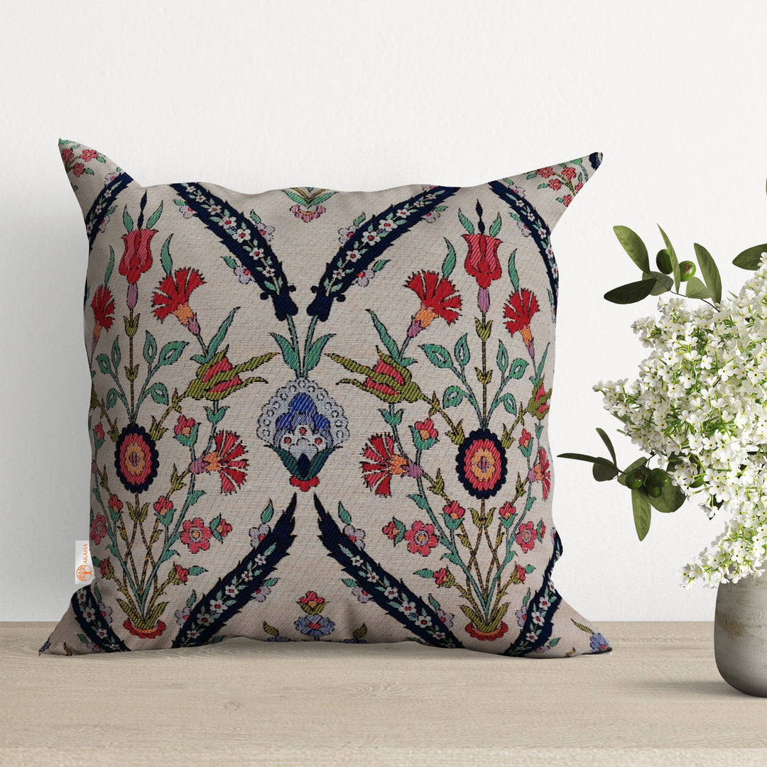 Tile Pattern Pillow Cover|Decorative Floral Gobelin Tapestry Pillow|Farmhouse Style Decor|Colorful Throw Pillowcase|Handmade Outdoor Cushion