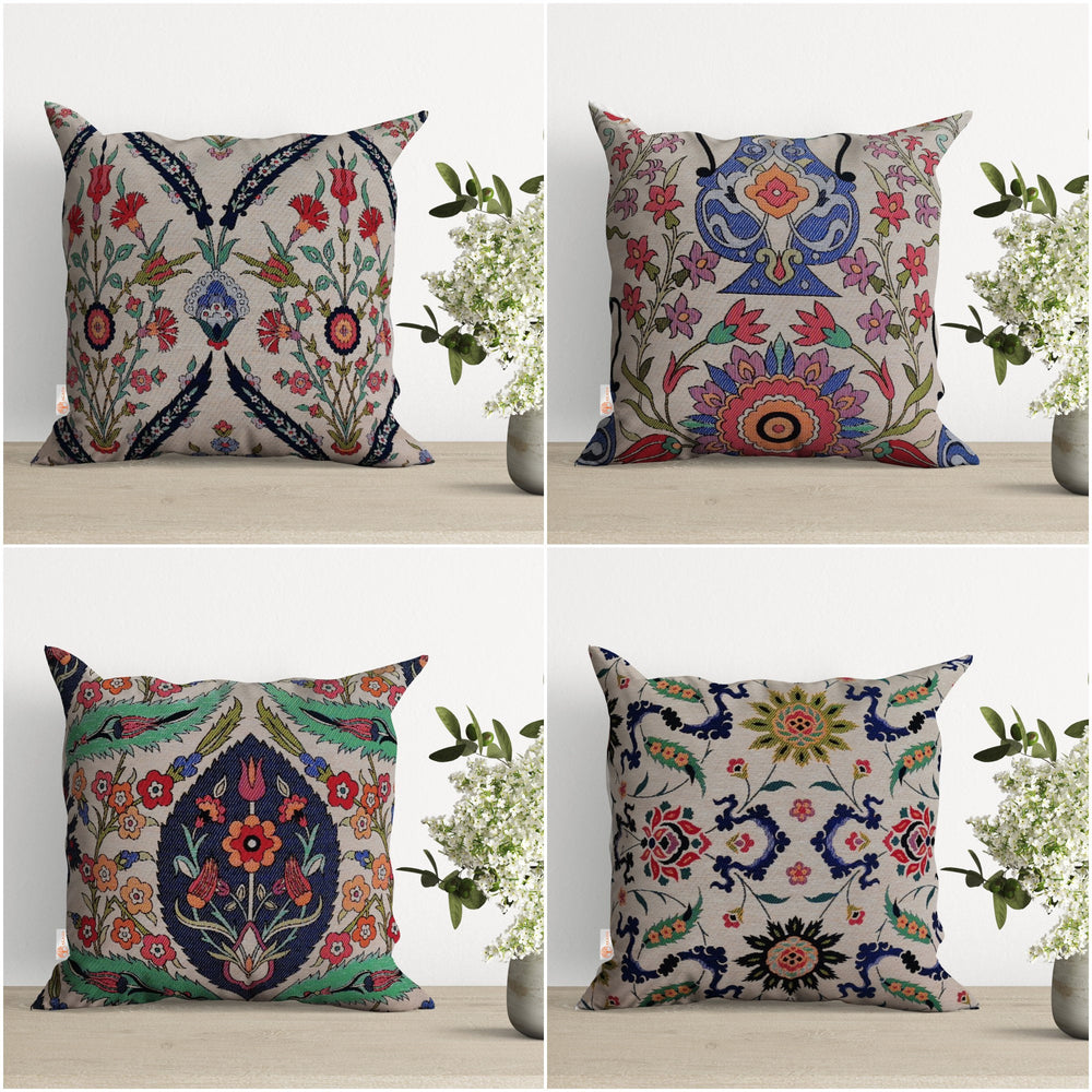 Tile Pattern Pillow Cover|Decorative Floral Gobelin Tapestry Pillow|Farmhouse Style Decor|Colorful Throw Pillowcase|Handmade Outdoor Cushion