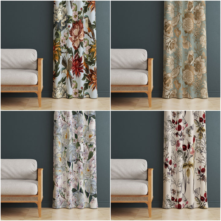 Decorative Floral Curtain|Thermal Insulated Floral Window Treatment|Flower Painting Home Decor|Floral Bird Decor|Rustic Living Room Curtain