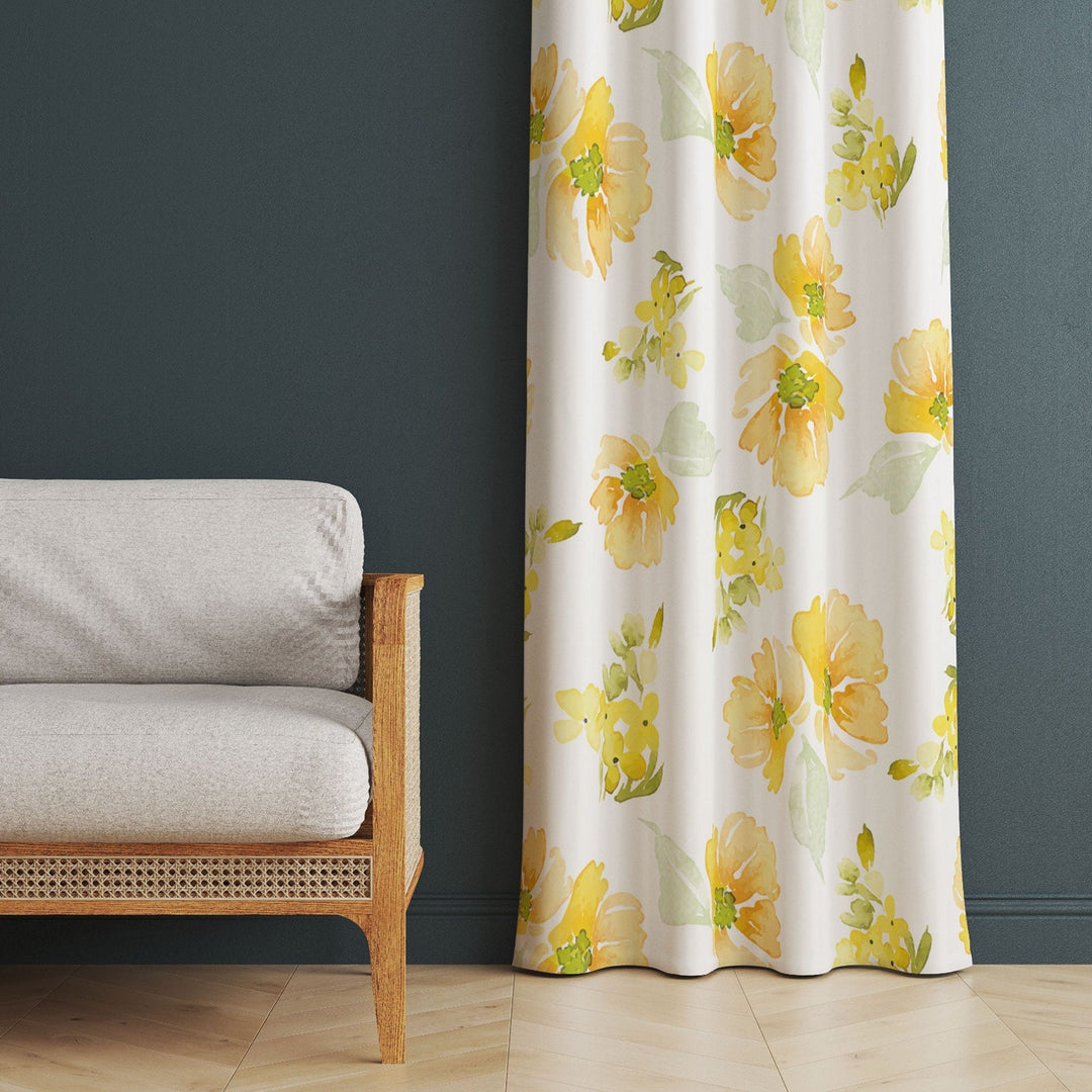 Yellow Floral Curtain|Decorative Thermal Insulated Floral Window Treatment|Flower Painting Home Decor|Leaf Decor|Rustic Living Room Curtain