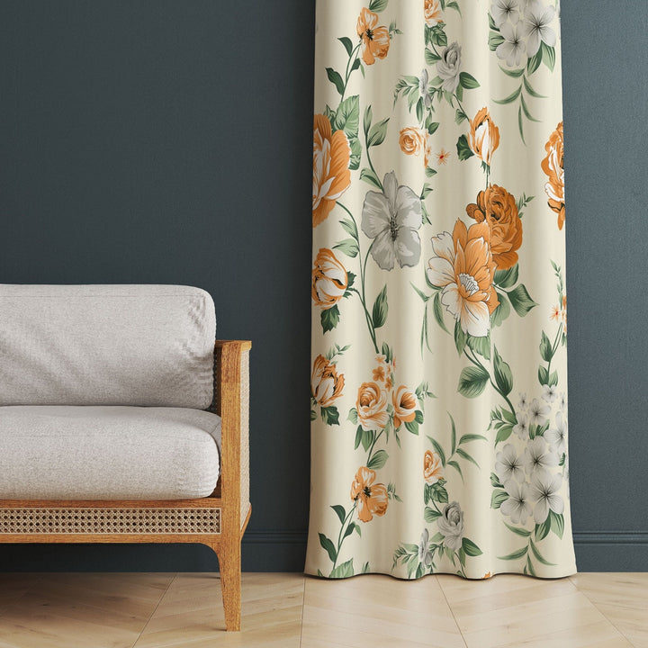 Yellow Floral Curtain|Decorative Thermal Insulated Floral Window Treatment|Flower Painting Home Decor|Leaf Decor|Rustic Living Room Curtain